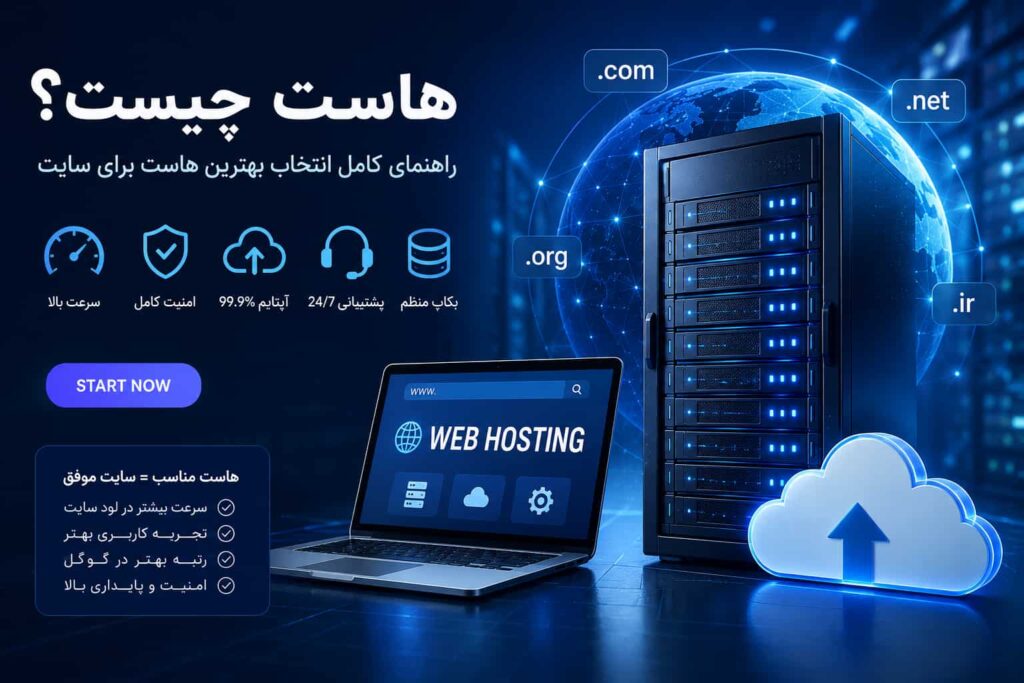 یک سرور مدرن آبیرنگ در مرکز تصویر، با خطوط اتصال به چندین وبسایت و نمادهای سرعت، امنیت و فضای ذخیرهسازی در پسزمینه؛ سبک حرفهای و مناسب مقالات آموزشی فناوری.